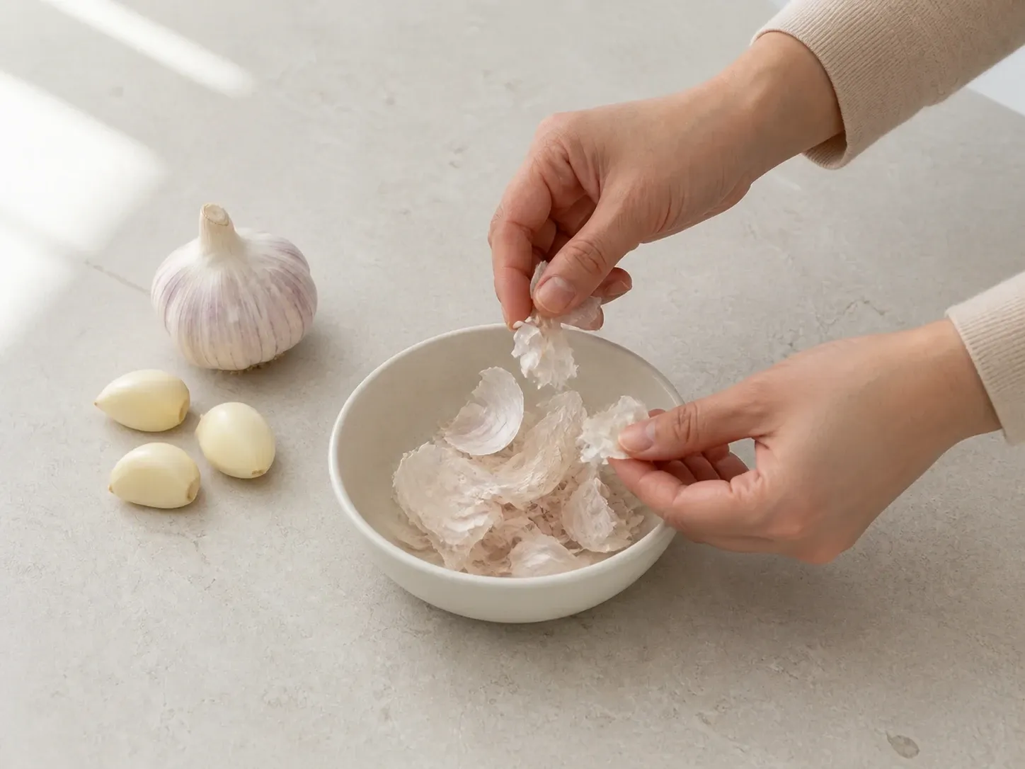 마늘 마늘 마른 껍질 1단계 (확대)
