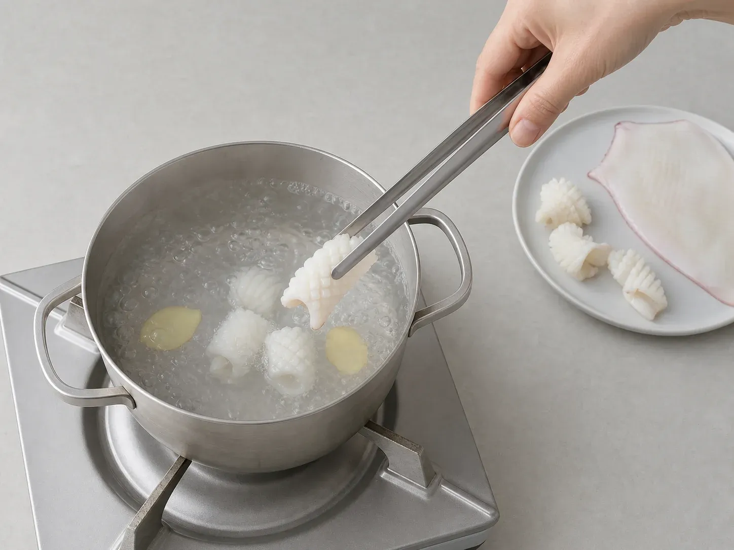 오징어 칼집 내고 안 질기게 데치기 3단계